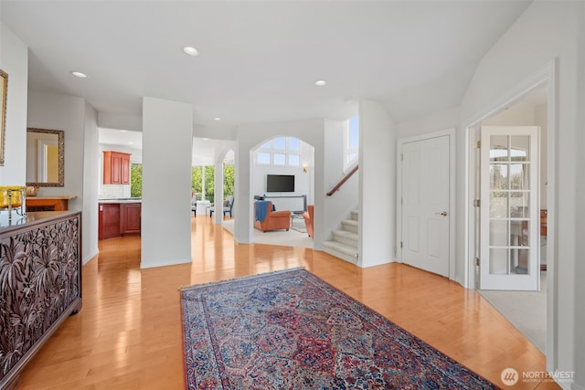 30941 37th Pl SW, Federal Way, WA 98023 - foyer entrance with light wood-type flooring, arched walkways, recessed lighting, and stairway