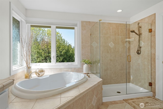 30941 37th Pl SW, Federal Way, WA 98023 - bathroom with a bath, tile patterned floors, recessed lighting, and a shower stall