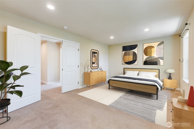 carpeted bedroom with recessed lighting and baseboards