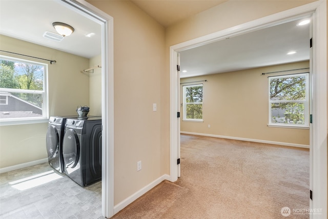 laundry room featuring washer and clothes dryer, baseboards, carpet flooring, and recessed lighting