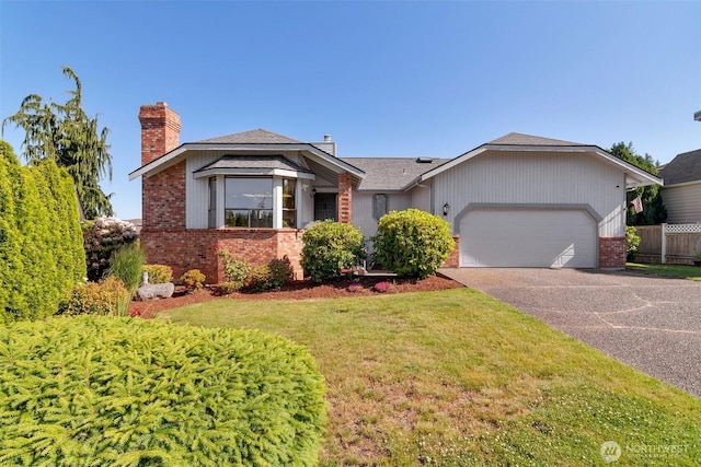 1823 19th Dr, Mukilteo, WA 98275 - single story home featuring a chimney, brick siding, asphalt driveway, a garage, and a front yard
