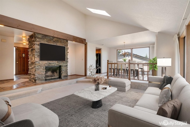 1823 19th Dr, Mukilteo, WA 98275 - living area with a fireplace, a skylight, and high vaulted ceiling