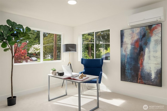 carpeted office space with baseboards and a wall unit AC