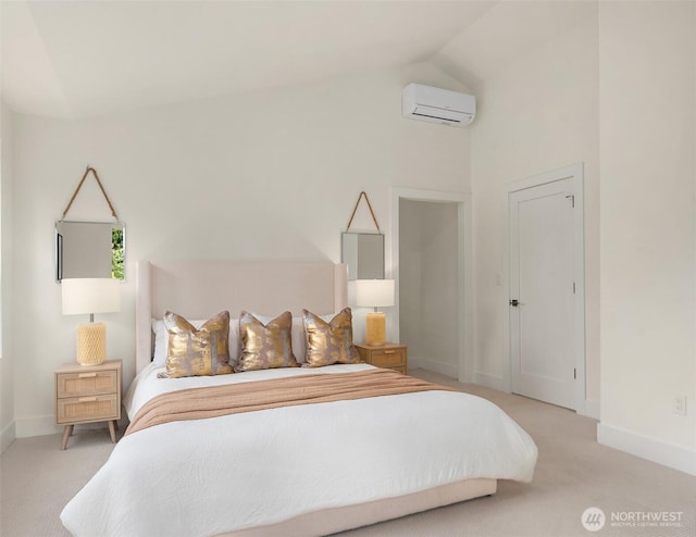 carpeted bedroom with baseboards, a wall mounted air conditioner, and vaulted ceiling