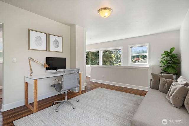 office with dark wood-style flooring and baseboards