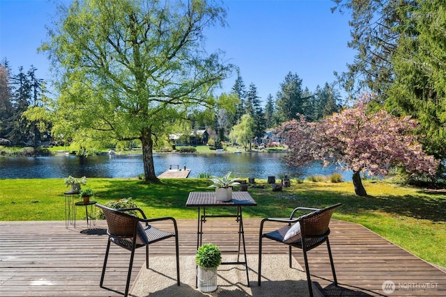 view of property's community with a deck with water view and a lawn