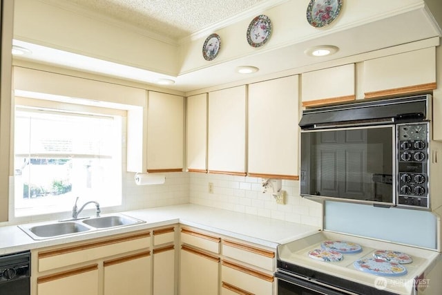 609 W Whitman Dr, College Place, WA 99324 - kitchen with black microwave, dishwasher, a sink, a textured ceiling, and light countertops