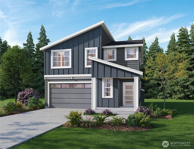 contemporary house featuring board and batten siding, an attached garage, concrete driveway, and a front yard