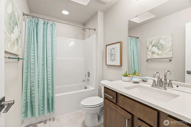 bathroom with recessed lighting, shower / tub combo, toilet, and vanity
