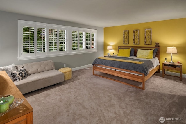 bedroom featuring baseboards, multiple windows, and carpet