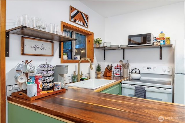 105 Robinwood Pl, Packwood, WA 98361 - interior space with a sink, green cabinetry, white appliances, open shelves, and wooden counters
