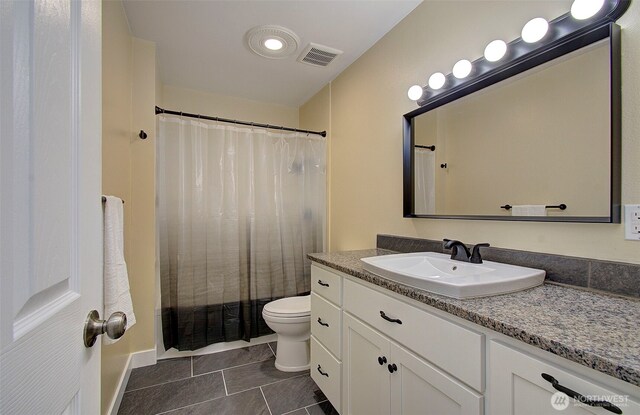 full bath featuring vanity, visible vents, toilet, tile patterned floors, and a shower with curtain