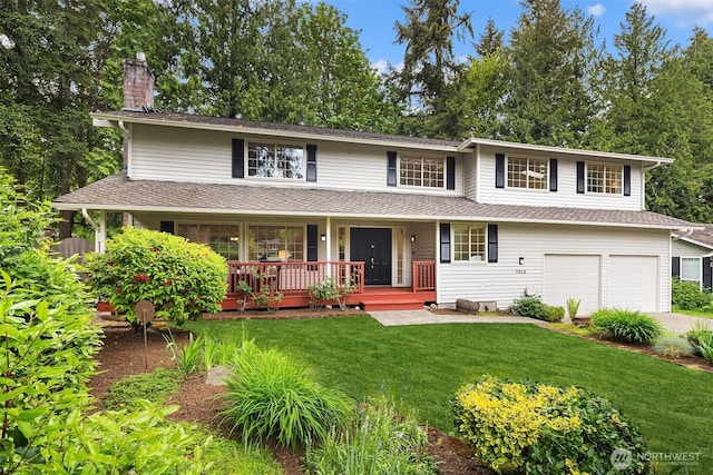 view of front of property with a chimney, a front lawn, an attached garage, and driveway