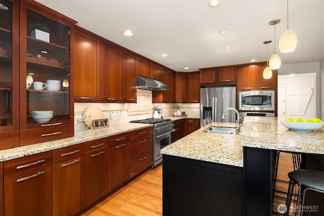 kitchen featuring appliances with stainless steel finishes, under cabinet range hood, a sink, decorative backsplash, and recessed lighting