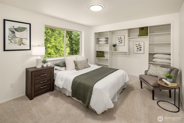 bedroom with light carpet
