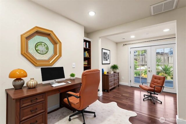 office area featuring visible vents, wood finished floors, french doors, and recessed lighting