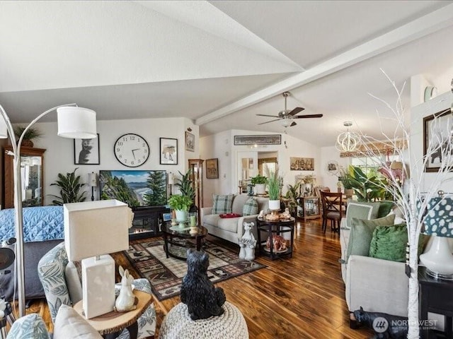 living room with wood finished floors, vaulted ceiling with beams, and ceiling fan