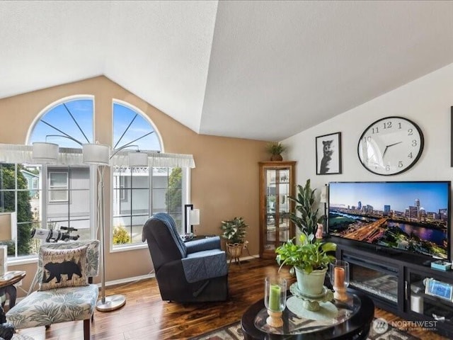 living area with lofted ceiling, wood finished floors, and baseboards