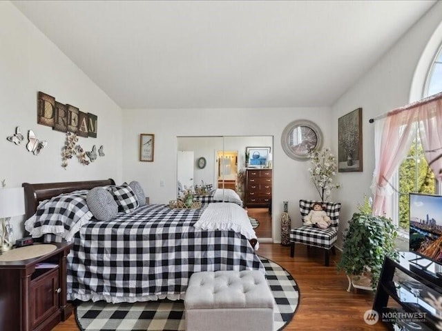 bedroom featuring lofted ceiling and wood finished floors