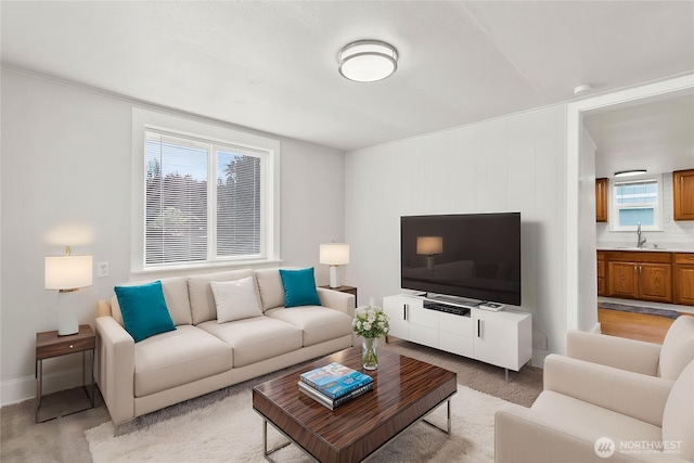 living area featuring baseboards and light carpet