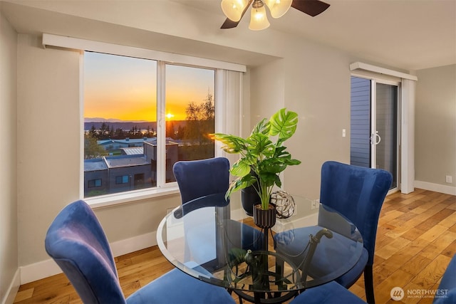 dining room with wood finished floors, a ceiling fan, and baseboards