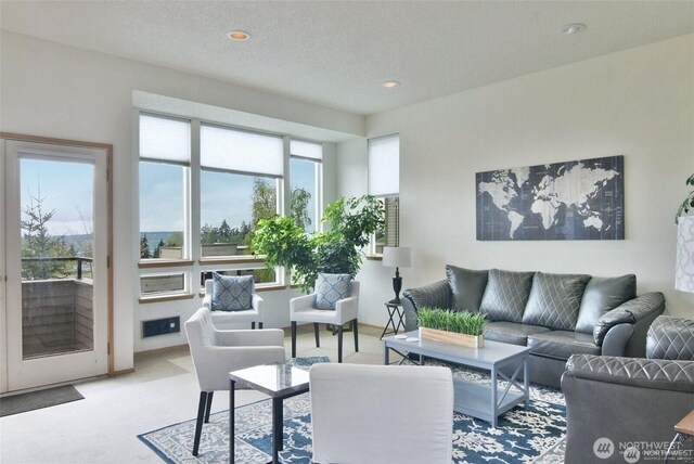 living room with light colored carpet and recessed lighting