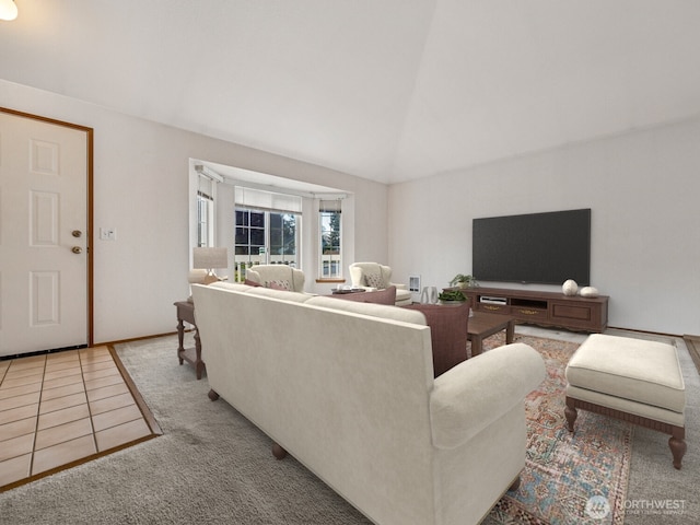 carpeted living room featuring tile patterned flooring and vaulted ceiling