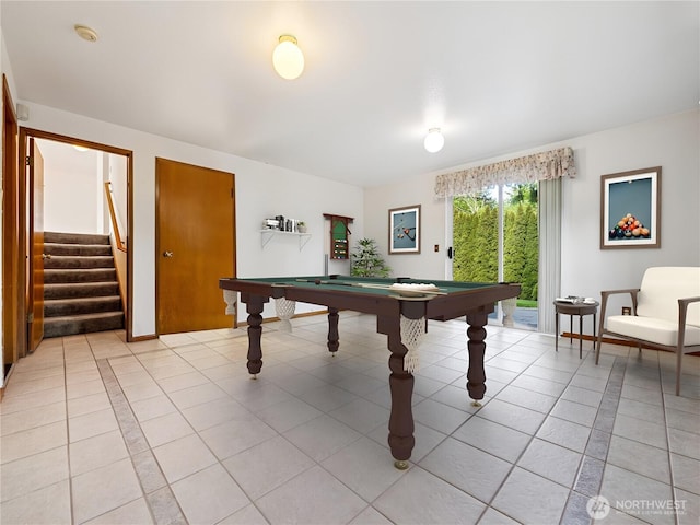 playroom with pool table and light tile patterned floors