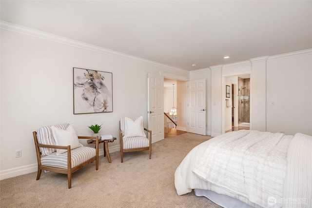 11628 NE 100th St, Kirkland, WA 98033 - bedroom featuring ornamental molding, light colored carpet, baseboards, recessed lighting, and ensuite bath