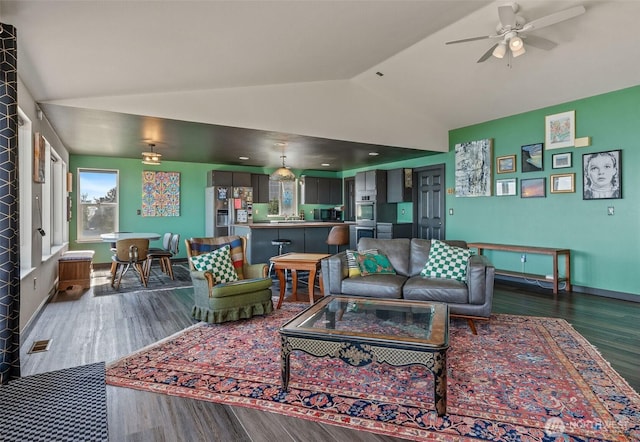 51 Vista Blvd, Port Townsend, WA 98368 - living area featuring ceiling fan, vaulted ceiling, dark wood-style flooring, and visible vents