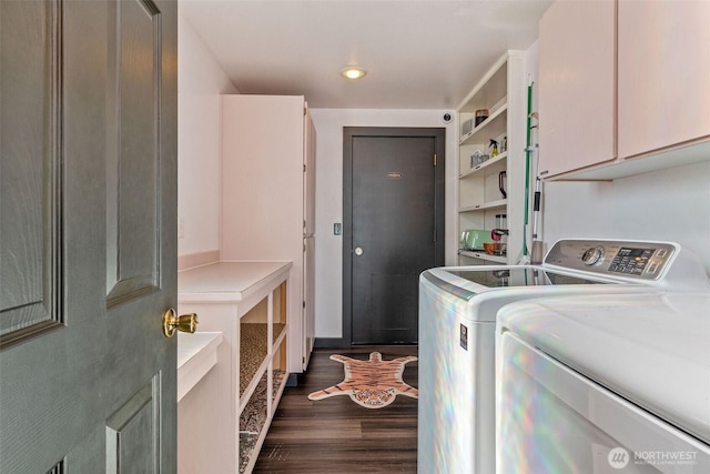 51 Vista Blvd, Port Townsend, WA 98368 - washroom with recessed lighting, washer and dryer, dark wood-type flooring, and cabinet space