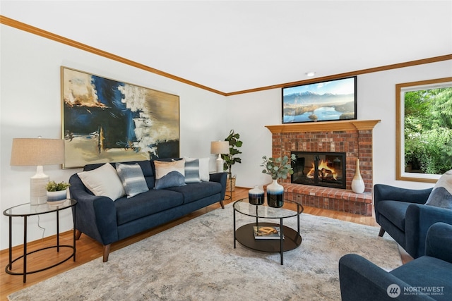 26006 NE 27th Dr, Redmond, WA 98053 - living area with ornamental molding, wood finished floors, and a fireplace