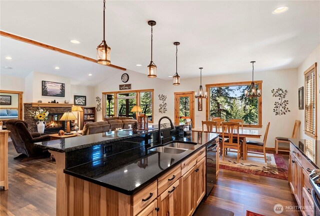kitchen with recessed lighting, a sink, dark wood finished floors, and dishwasher