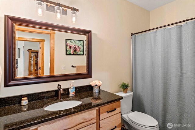 bathroom with vanity, toilet, and curtained shower