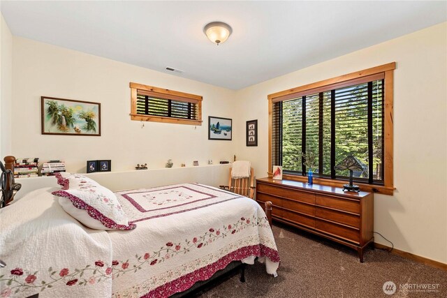 carpeted bedroom with visible vents and baseboards