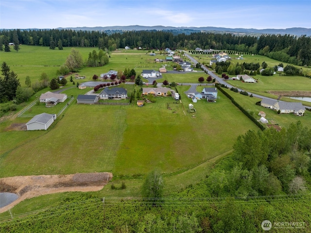 birds eye view of property featuring a mountain view and a rural view