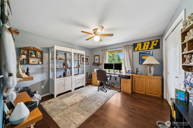 office space with dark wood-style flooring and ceiling fan
