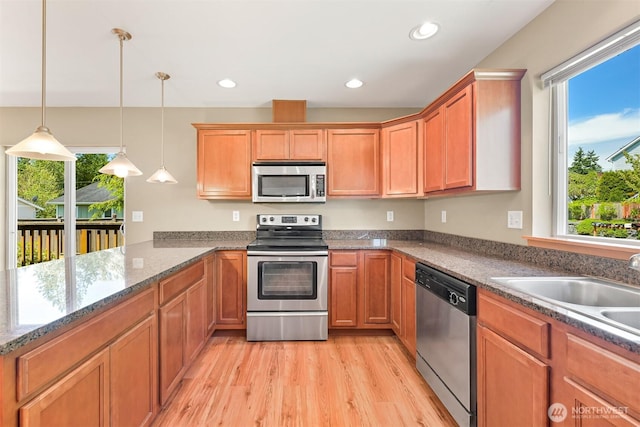 1321 Wilson Ave, Blaine, WA 98230 - kitchen with appliances with stainless steel finishes, healthy amount of natural light, light wood finished floors, a peninsula, and recessed lighting