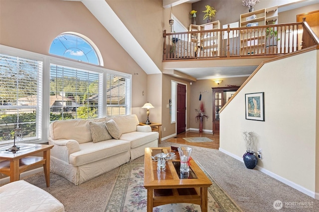 living area featuring carpet floors, a high ceiling, and baseboards