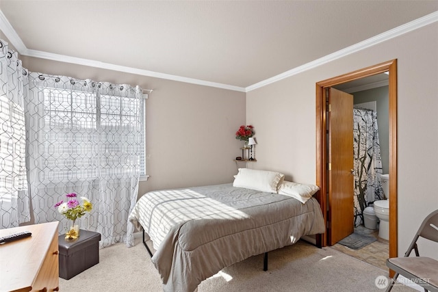 carpeted bedroom featuring ornamental molding
