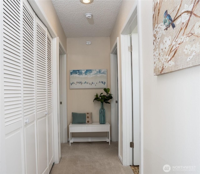 hallway with light carpet and a textured ceiling
