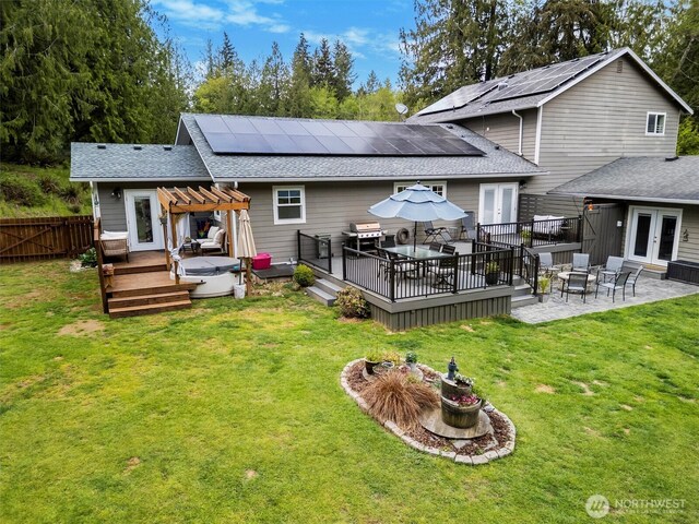 21702 Little Mountain Rd, Mount Vernon, WA 98274 - back of house with roof with shingles, a pergola, a deck, french doors, and a fire pit