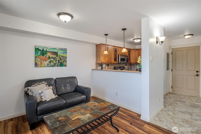 living room featuring baseboards and electric panel