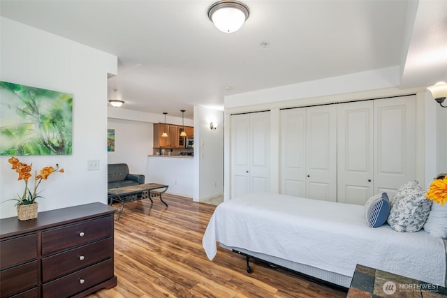 bedroom with two closets and light wood-type flooring