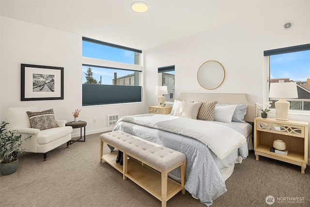 carpeted bedroom with multiple windows and baseboards