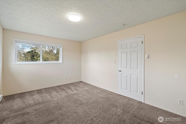 unfurnished room with carpet and a textured ceiling