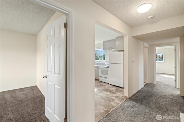 corridor featuring a textured ceiling and light colored carpet