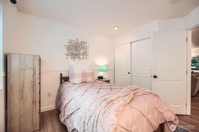 bedroom with baseboards, wood finished floors, and a closet