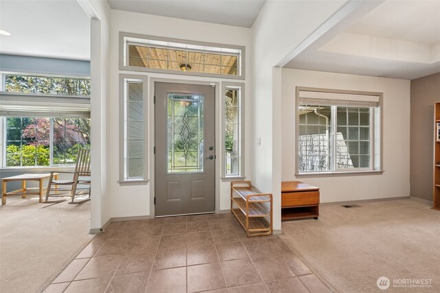 entryway featuring carpet floors, baseboards, a healthy amount of sunlight, and tile patterned floors