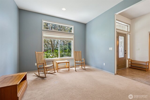 sitting room featuring baseboards and carpet flooring
